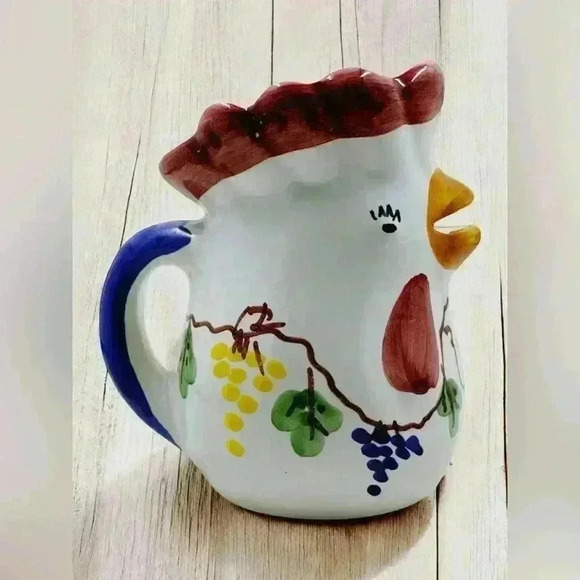 VTG Giovanni Vietri Pottery Chicken Rooster Pitcher Hand Painted Signed Unique - Picture 1 of 12